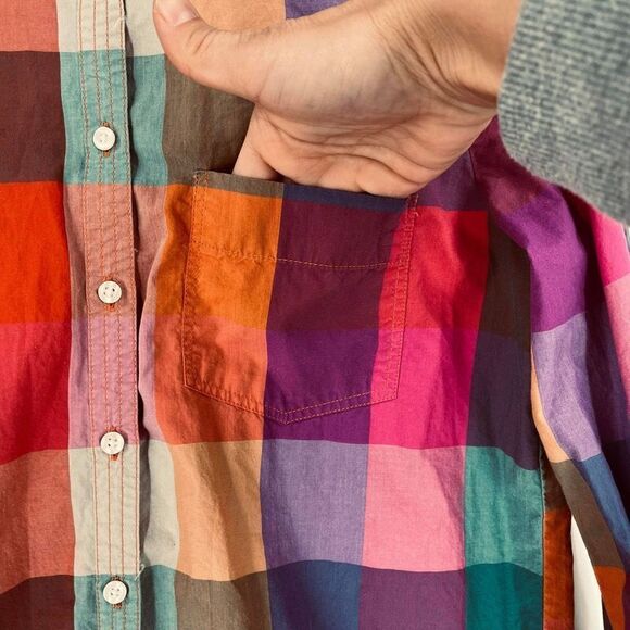 Broadway & Broome Plaid Colorful Spring Pink Blue Button Down Top Shirt Size XS - Picture 10 of 10